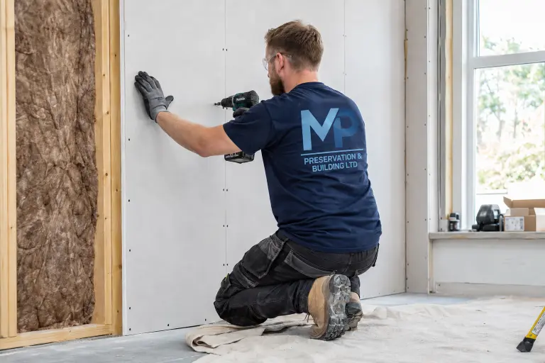 An MP Preservation joiner fixing plasterboard to an insulated timber stud wall