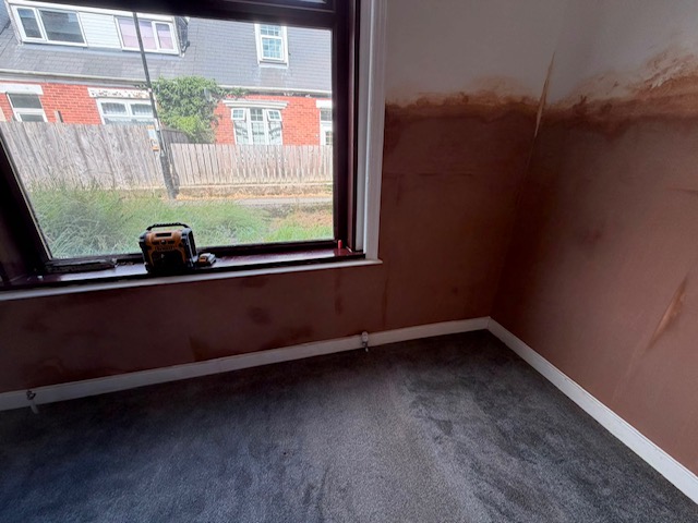 Walls hacked off around a window with a new render coat applied to the lower half