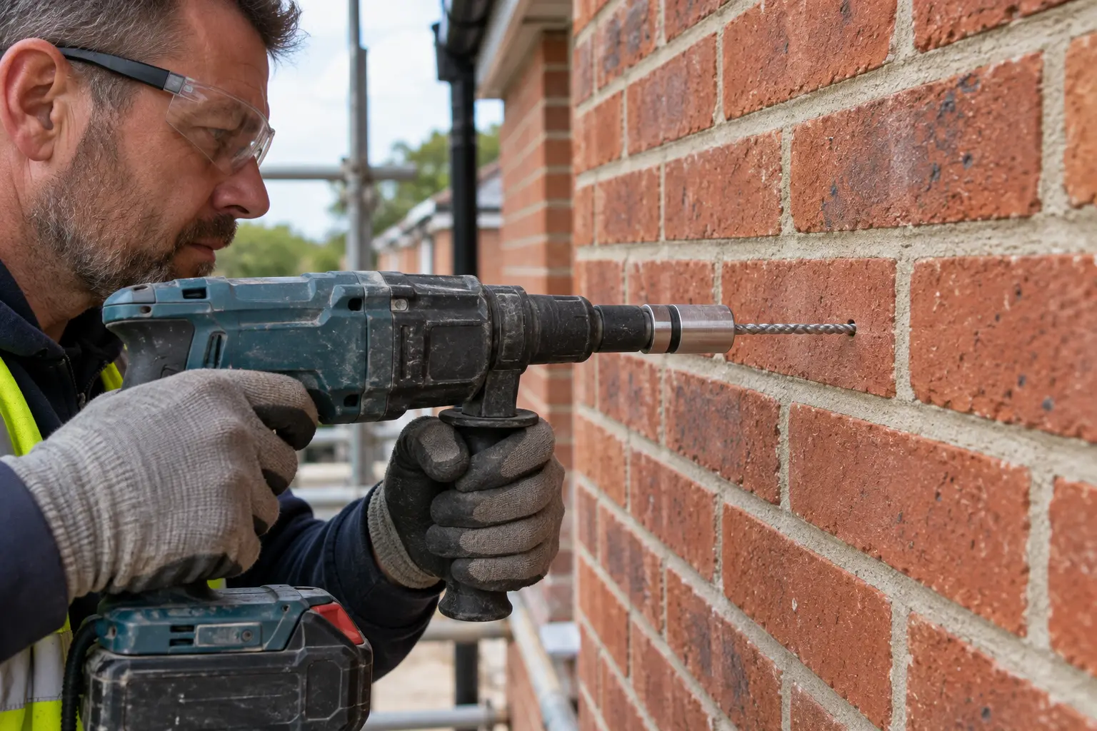 A contractor using a drill to install a remedial helical wall tie in red brickwork