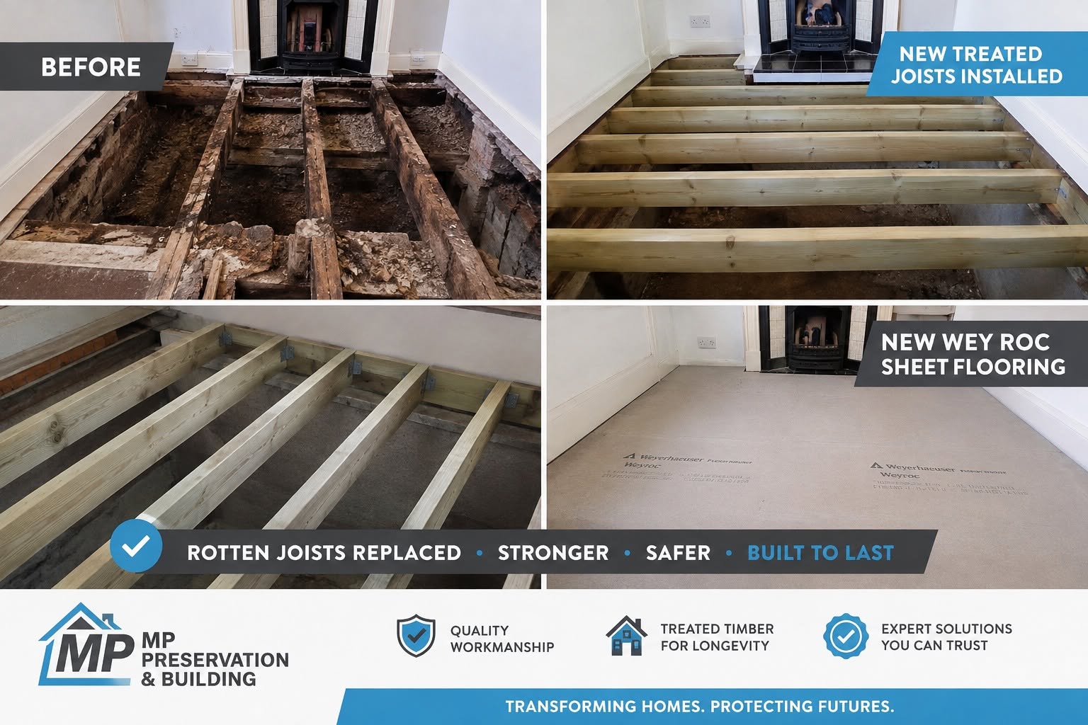 Before and after photographs of a timber floor replacement showing rotten joists removed, new treated joists installed and new sheet flooring fitted
