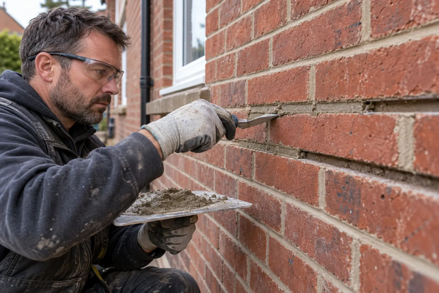 A bricklayer wearing safety glasses pressing fresh mortar into the joints of a red brick wall