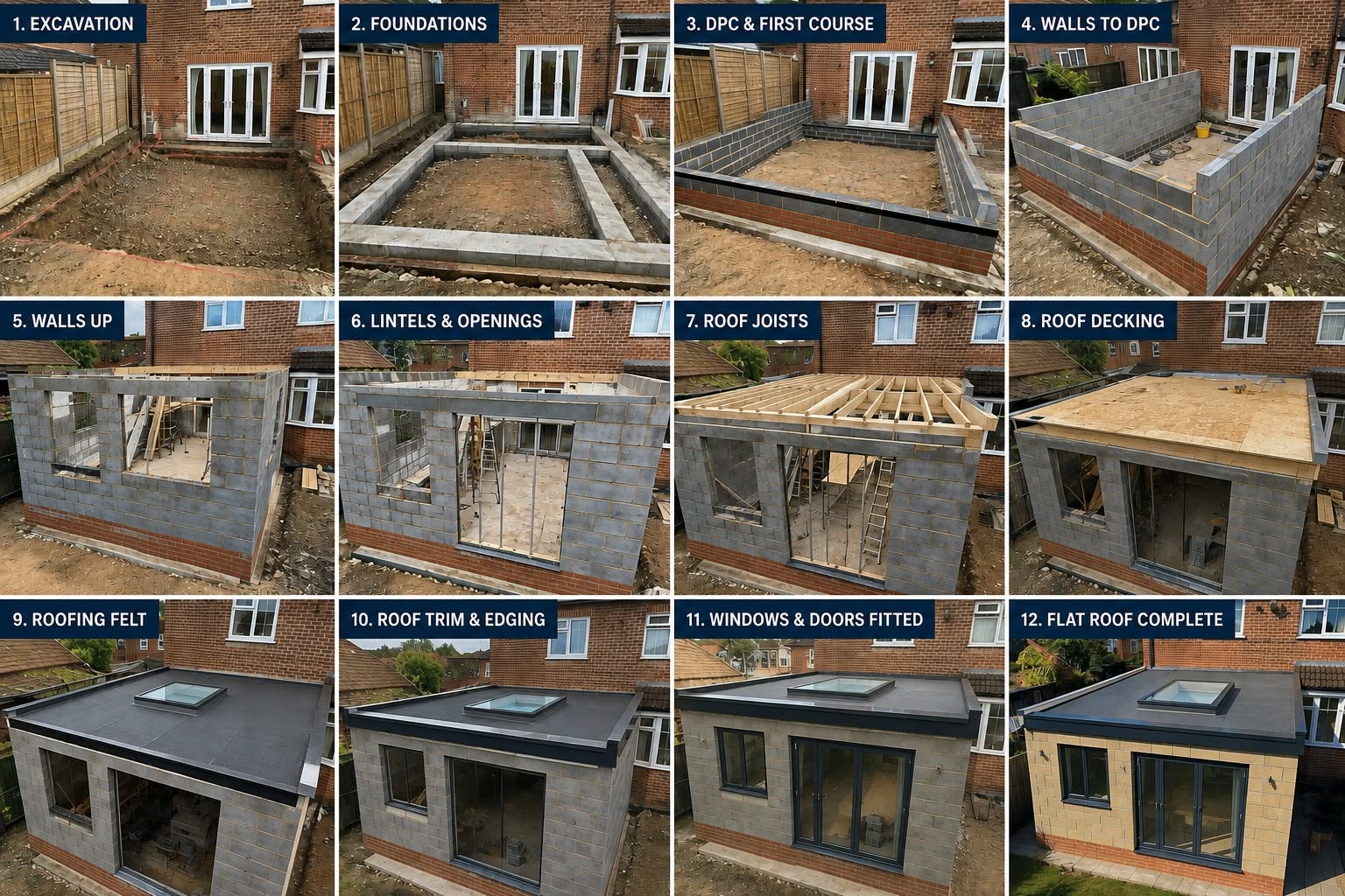 Twelve photographs showing the stages of a rear extension build in Newcastle, from excavation through to a completed flat roof