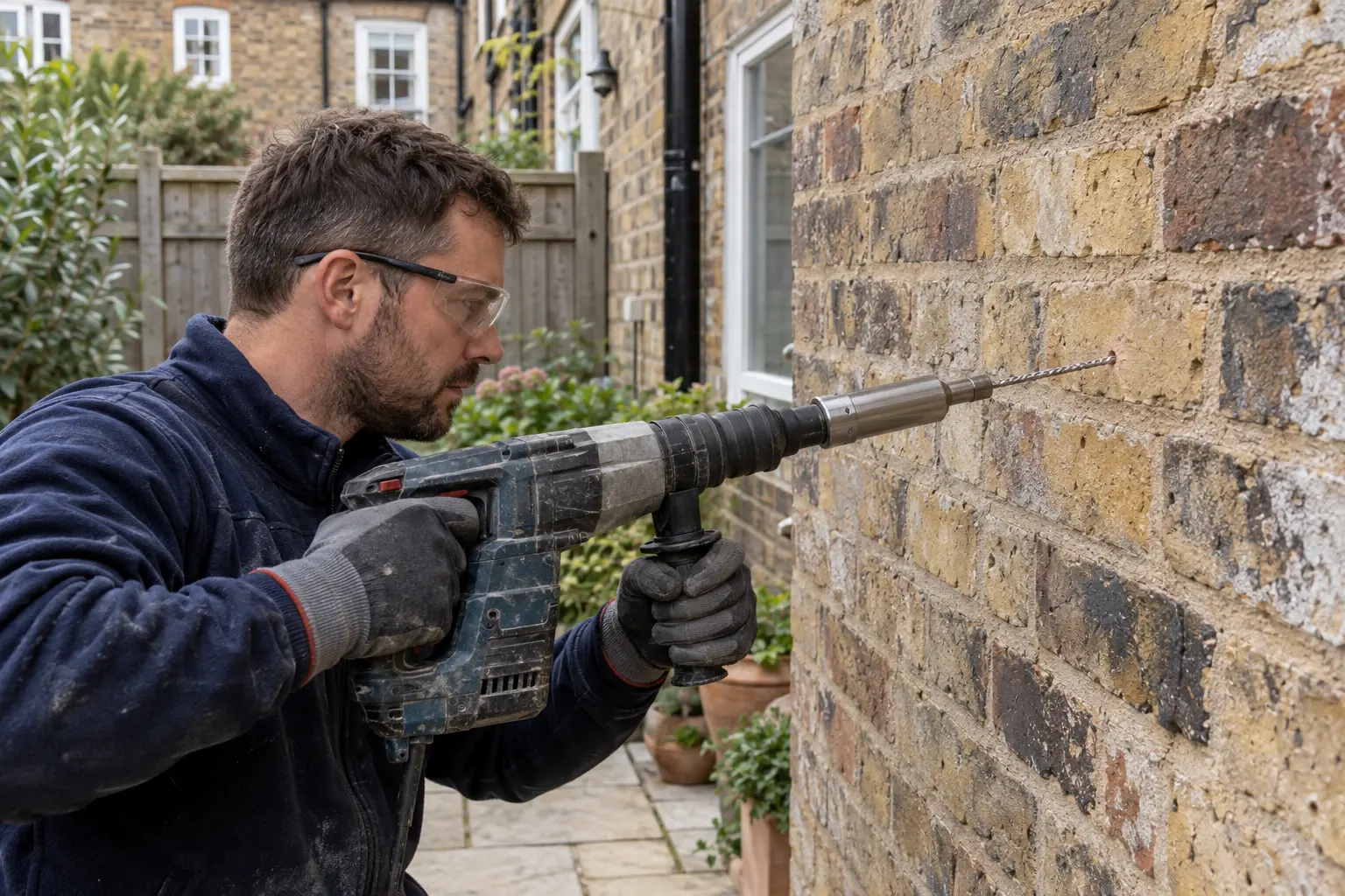 A contractor drilling courtyard brickwork during remedial wall tie installation