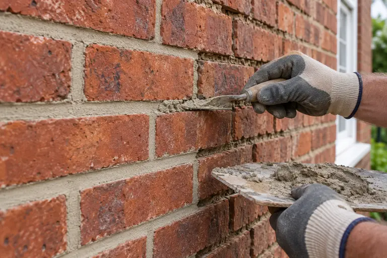 A repointer pressing fresh mortar into a raked out brick joint with a tuck pointing trowel