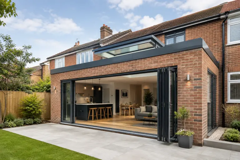 A newly built single storey rear house extension with a flat roof, roof lantern and grey bifold doors