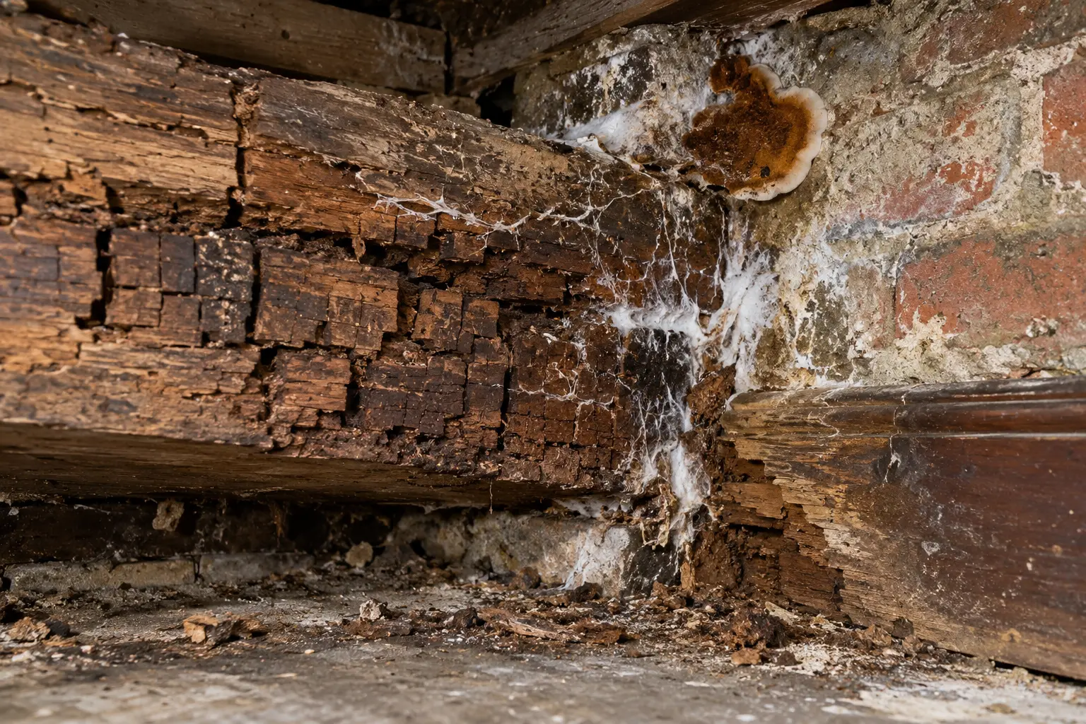 Decayed basement timber with cuboidal cracking, fungal strands and a dry rot fruiting body beside brickwork