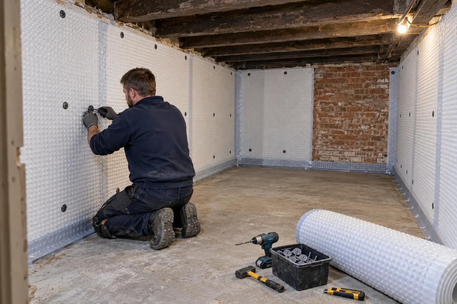 A contractor fixing cavity drain waterproofing membrane to the walls of a basement