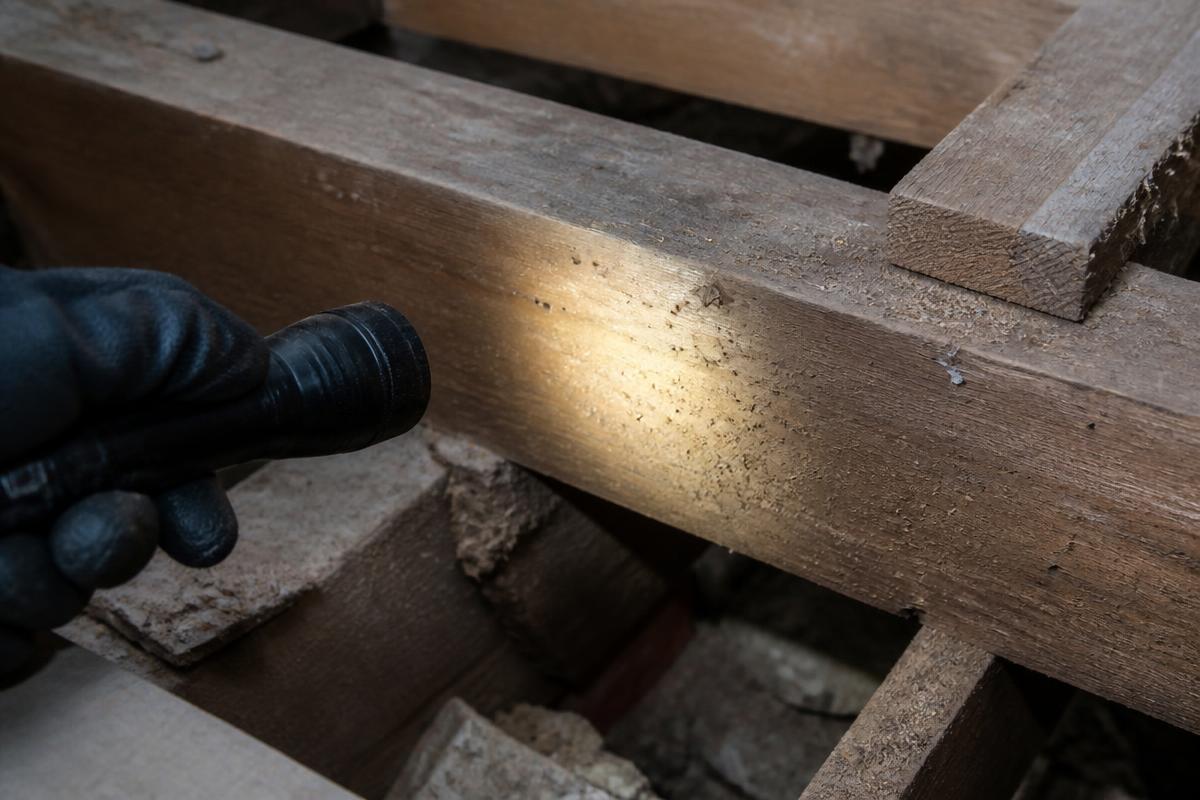 A gloved hand shining a torch onto a timber joist to highlight woodworm exit holes and bore dust