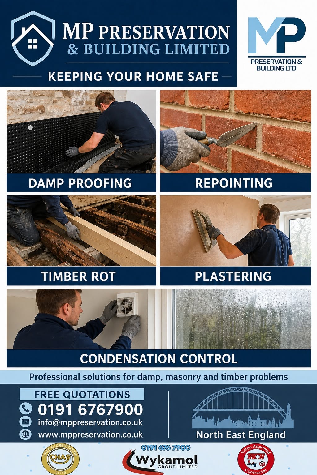 Photographs of MP Preservation work including damp proofing membrane installation, repointing, timber rot repair, plastering and condensation control