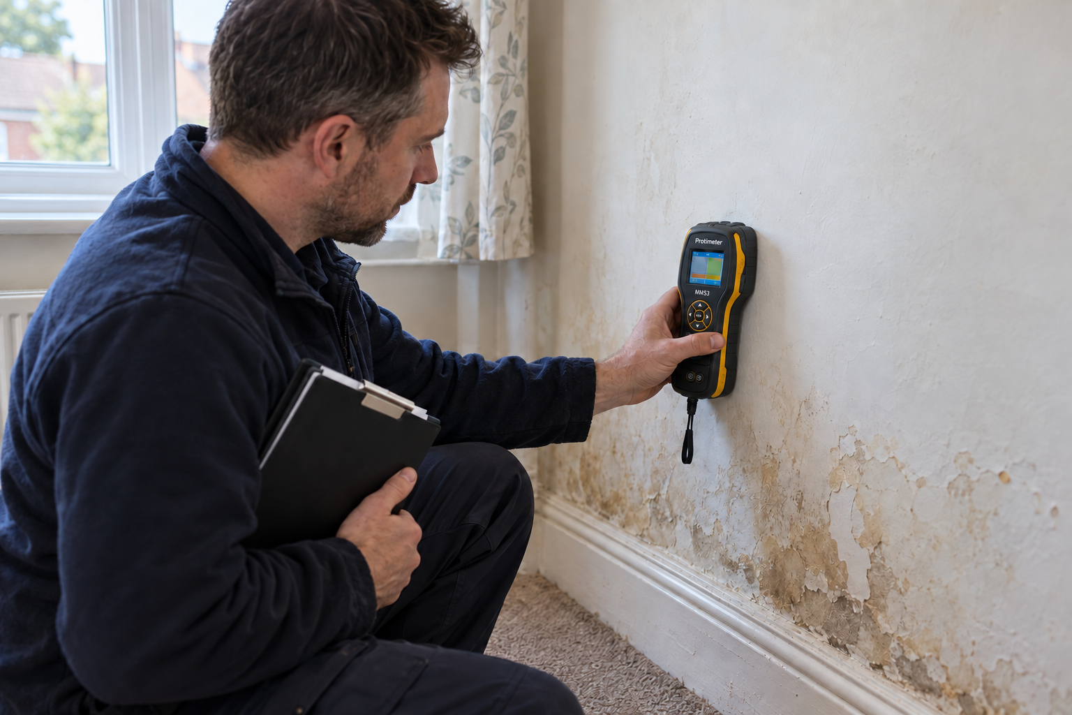 A surveyor using a Protimeter MMS3 to inspect a wall with peeling paint and damp staining