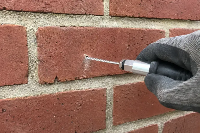 Drilling a pilot hole into a mortar joint in brickwork to install a remedial cavity wall tie